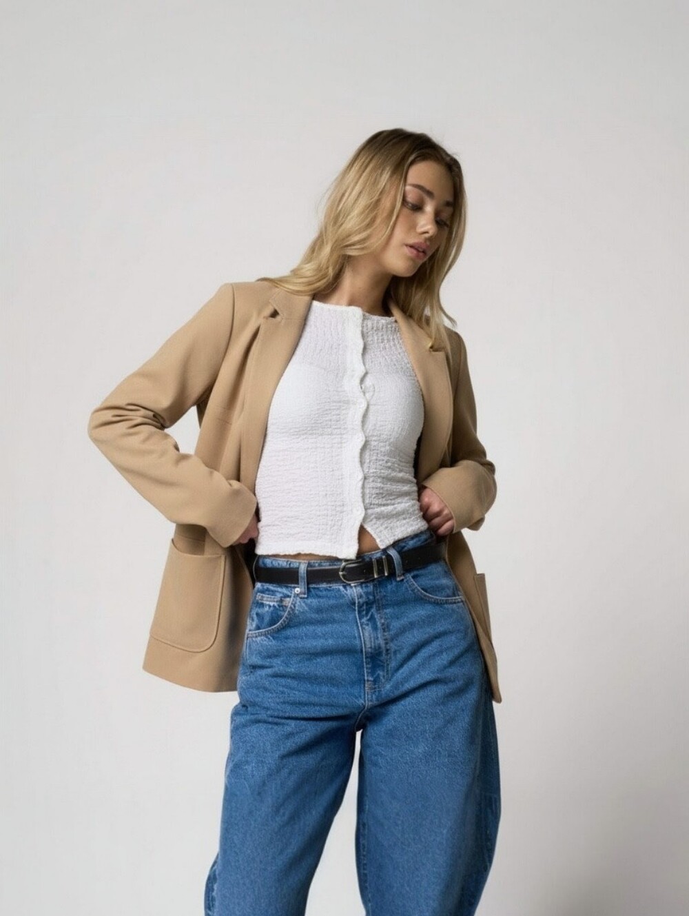 Premise Collection Beige Longline Open-Front Blazer Jacket, EUC, M